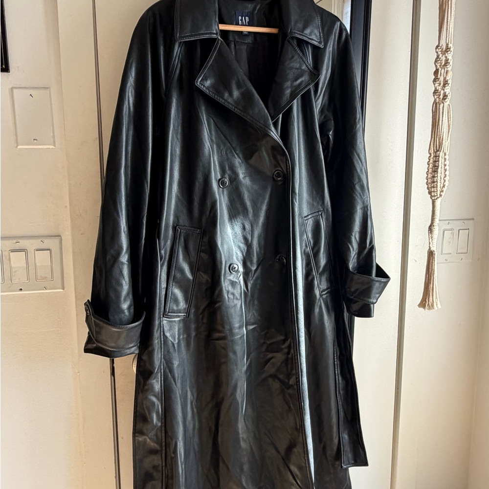 GAP Black Faux Leather Double-Breasted Trench Coat